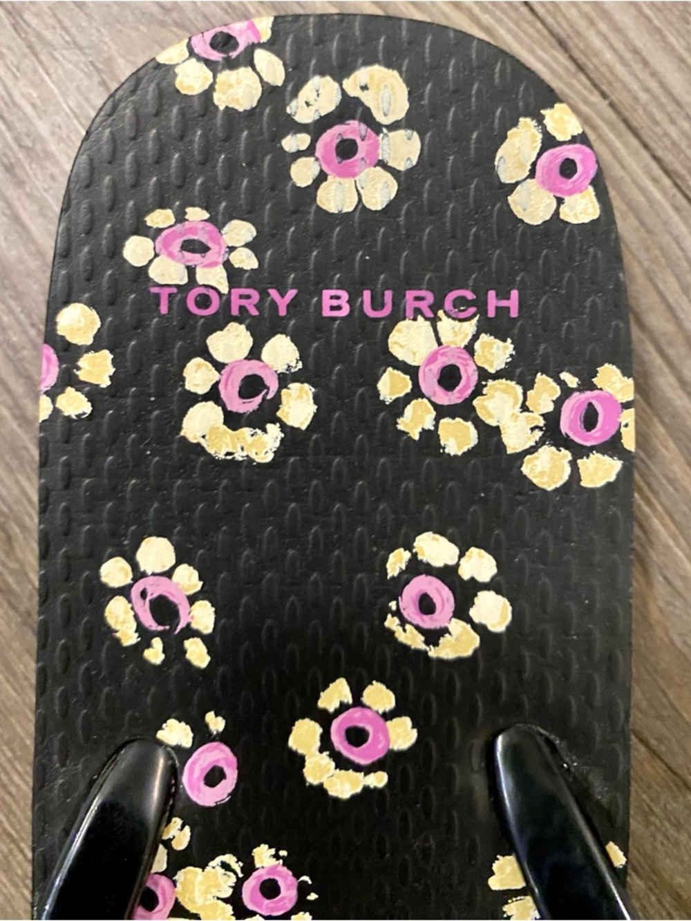 Tory Burch Black Flip Flops with Pink and Cream Floral Accents - Picture 4 of 5